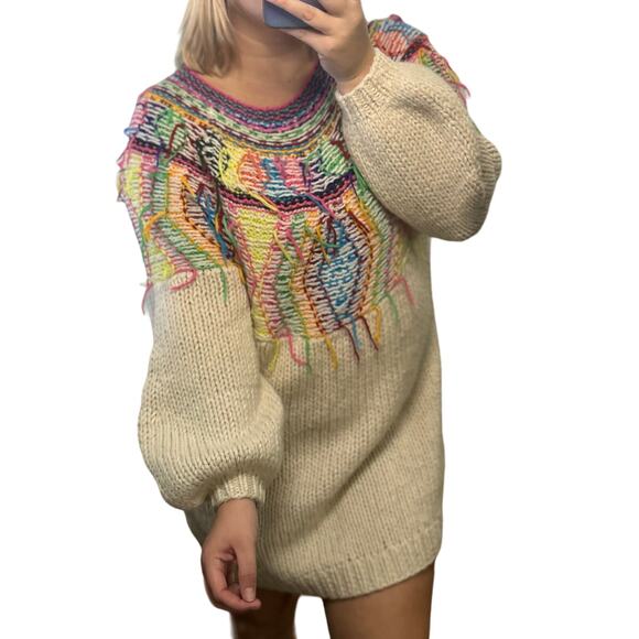 Mes Demoiselles Oversized Sweater Dress Alpaca Wool Jumper Colorful Fringe Art - Picture 2 of 11